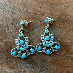 Signed Murray & Arlene Tsatie Zuni Petit Point Turquoise Chandelier Earrings